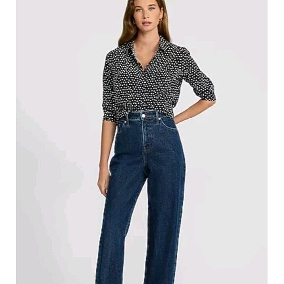 Express Blouse Med Portofino  button up polka dot print Navy Blue Iconic Express - Picture 1 of 8